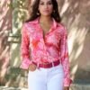 Blooming Outlines Print Sophia Button Up Charmeuse Blouse Pink